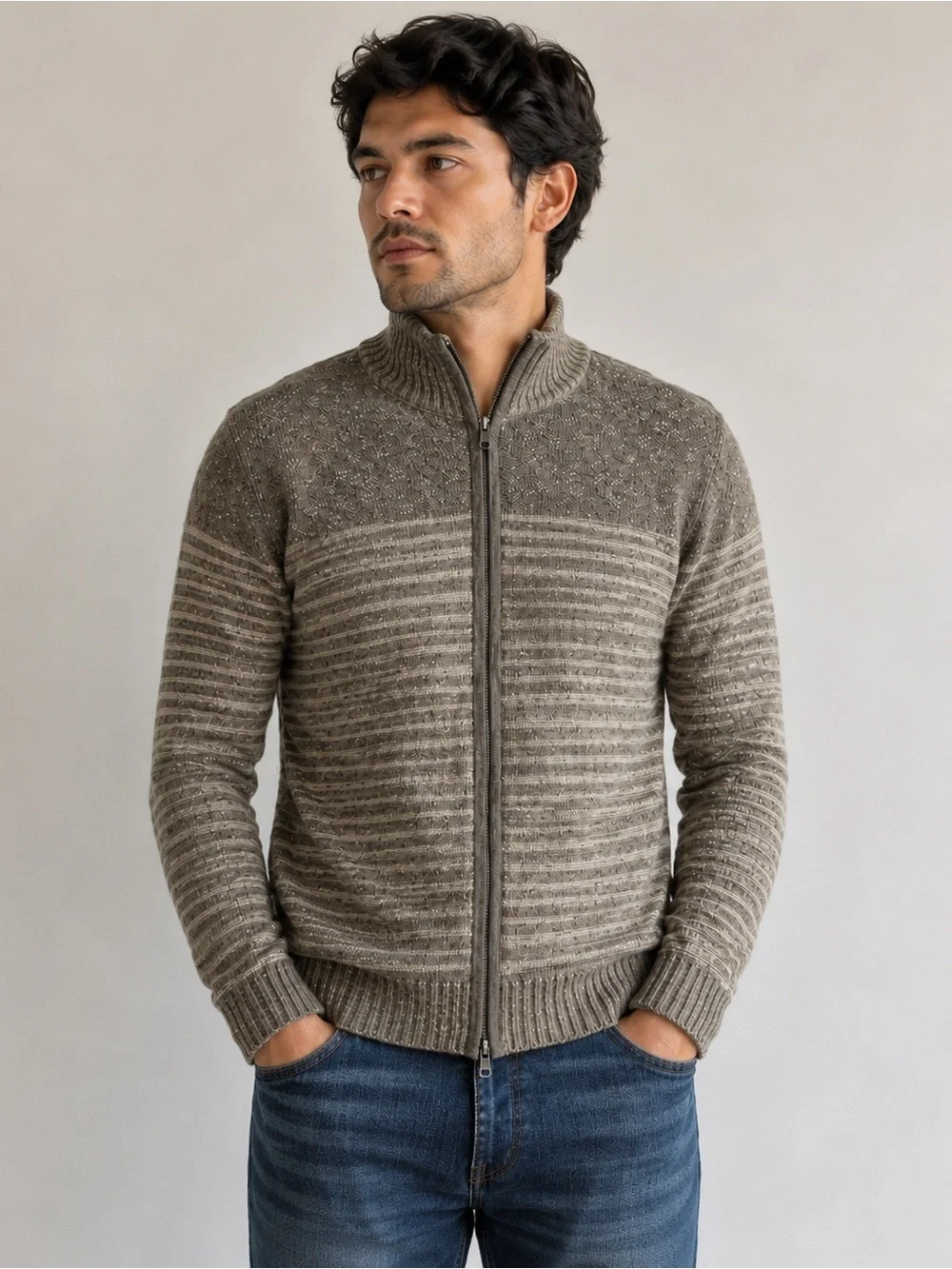 100% Baby Alpaca Zip Front Sweater Cardigan Gray Beige Striped Size S Peru Farm